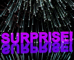 Surprise Word And Fireworks Showing Shock And Celebration