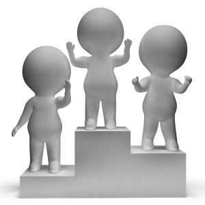 Podium With 3d Characters Shows First Place And Winning